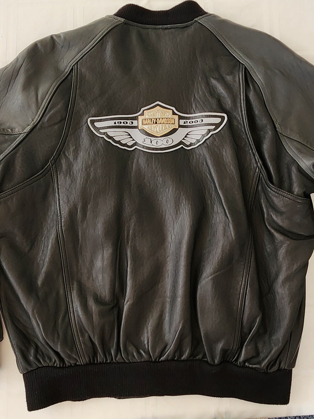 Vintage 100th Yr. Harley-Davidson Black/Grey Leather Bomber Jacket - Picture 2 of 8